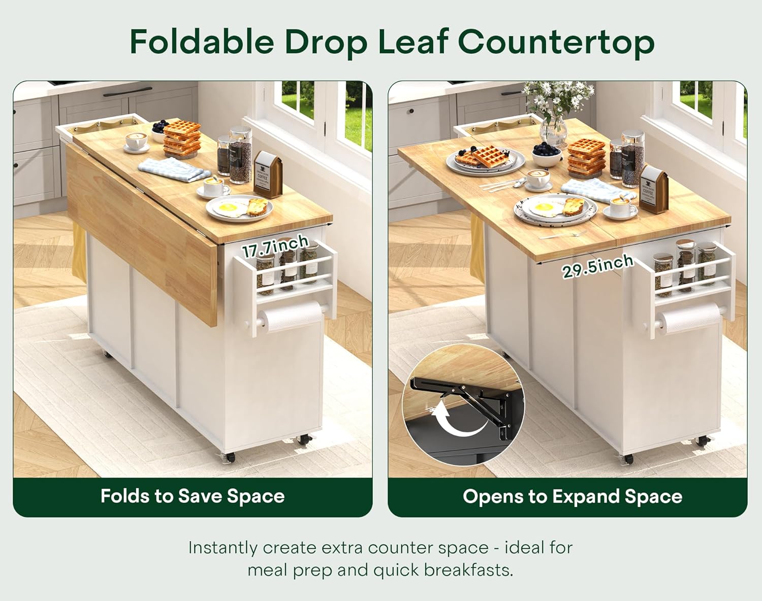 43.3" x 29.5" Kitchen Island with Drop Leaf, Rolling Kitchen Island on Wheels with Removable Trash Bag, Kitchen Island Cart with Storage Cabinet, Drawers & Spice Rack, White