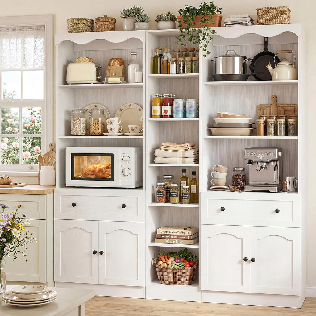 Cyclysio 80" Tall Pantry Cabinet Set of 3, Wood Kitchen Hutch with Open Shelves, Drawers & Cupboards, Flush-to-Wall Coffee Bar Cabinet with Baseboard Cutout, White
