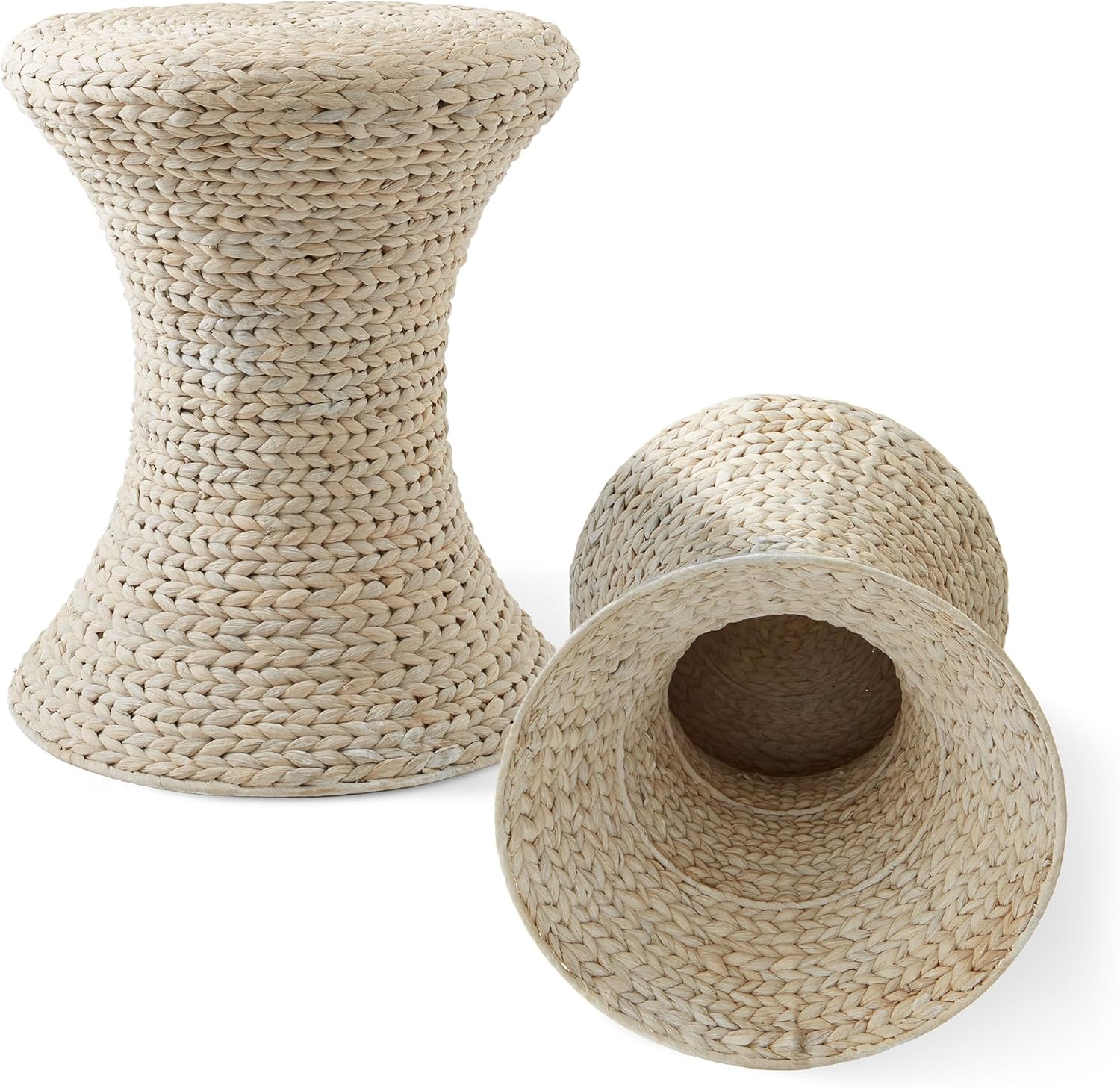 Casafield Hourglass Side Table, Whitewash White, Water Hyacinth Round End Table, Boho Woven Wicker Accent for Bedroom, Living Room, Office, Entryway