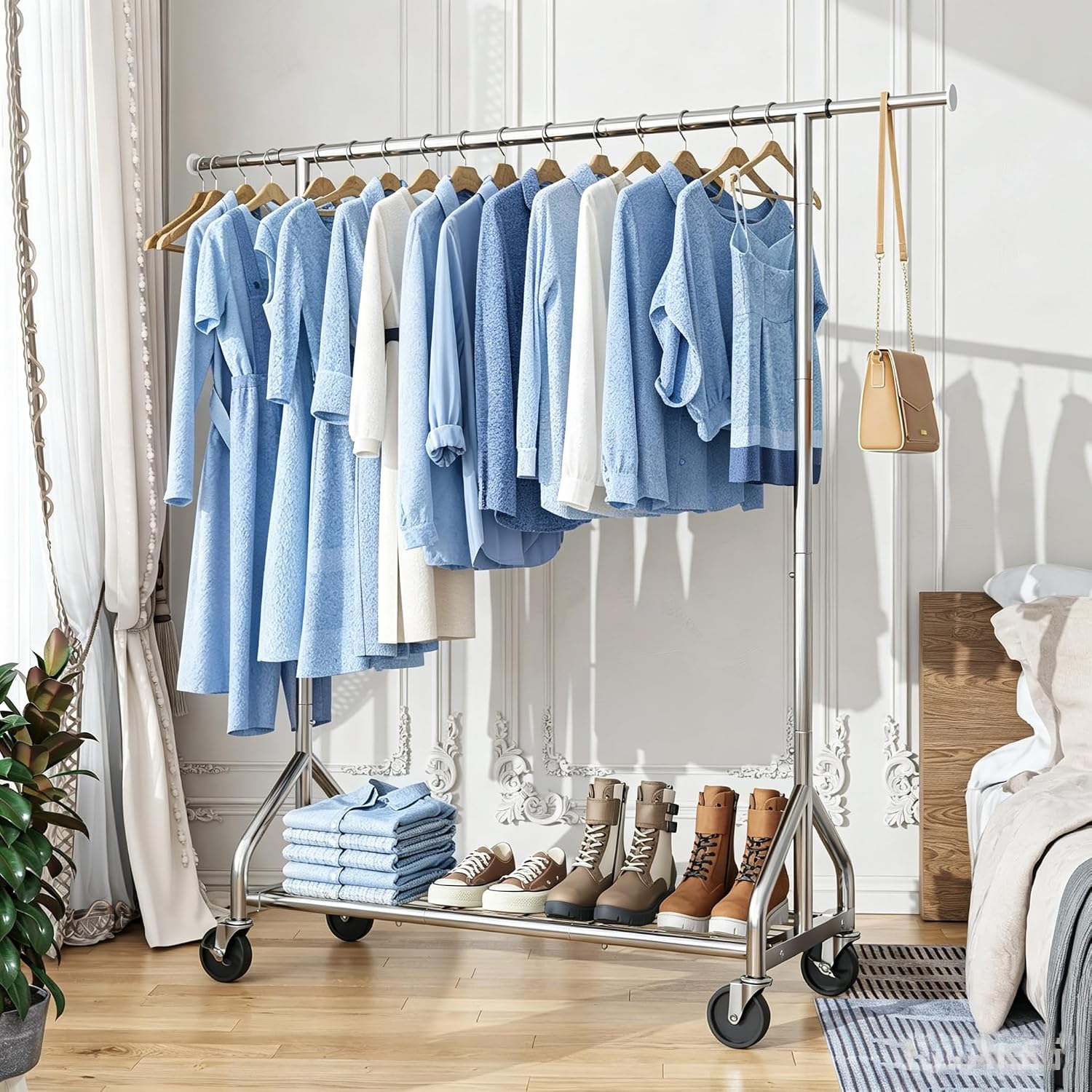 Simple Trending Heavy Duty Clothes Rack Load 450 LBS, Clothing Rack for Hanging Clothes, Garment Rack with Wheels & Shelves, for the Bedroom, Laundry Room