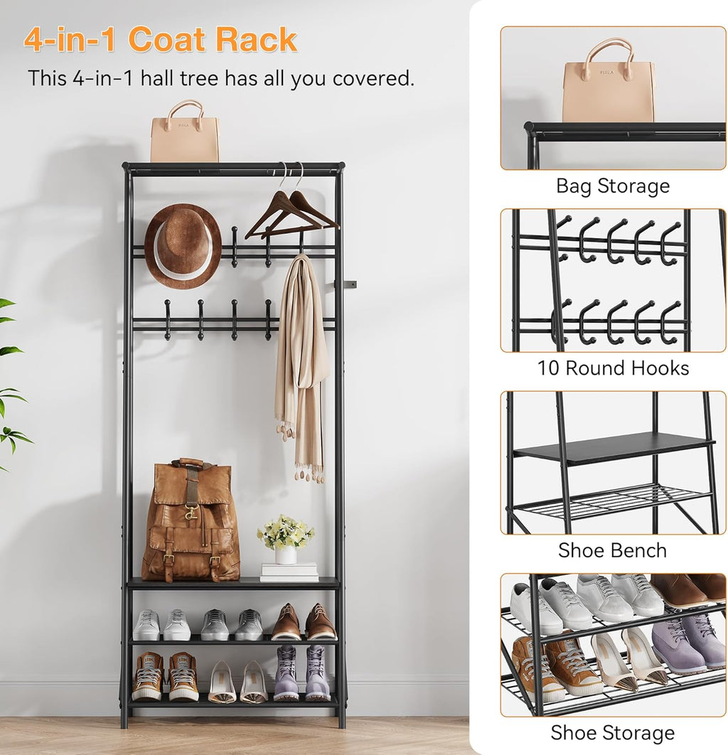 24" Black Hall Tree with Bench and Shoe Storage, Double Row Hooks Coat Rack Freestanding Organizer, Heavy Duty Coat Rack with Shoe Storage, Coat and Shoe Rack Entryway Mudroom Hallway