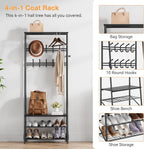 24" Black Hall Tree with Bench and Shoe Storage, Double Row Hooks Coat Rack Freestanding Organizer, Heavy Duty Coat Rack with Shoe Storage, Coat and Shoe Rack Entryway Mudroom Hallway