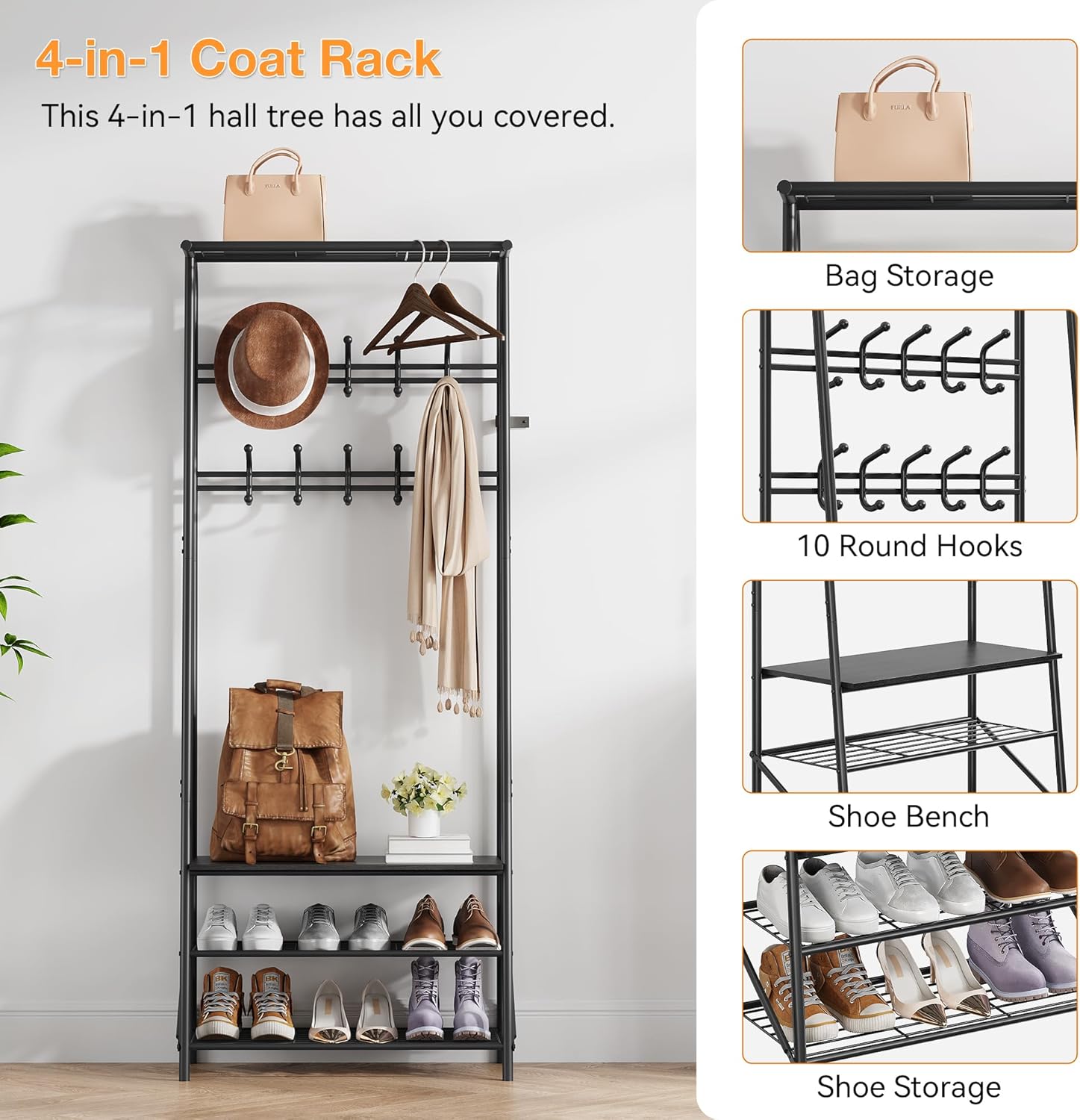 24" Black Hall Tree with Bench and Shoe Storage, Double Row Hooks Coat Rack Freestanding Organizer, Heavy Duty Coat Rack with Shoe Storage, Coat and Shoe Rack Entryway Mudroom Hallway
