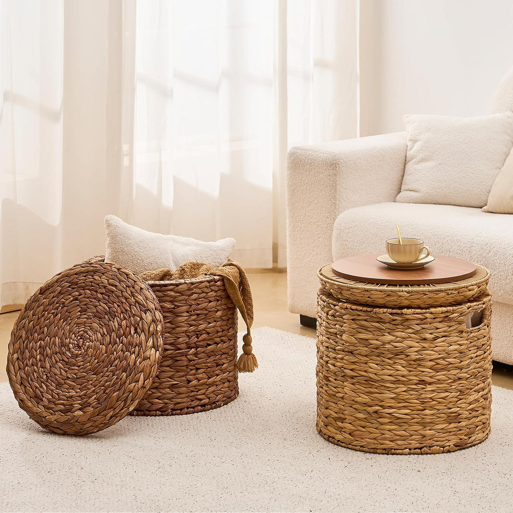 17" Round Storage Ottoman with Lid Handwoven Water Hyacinth Accent Side Table, Storage Container, Footstool for Living Room, Bedroom, Cloakroom, Home Office