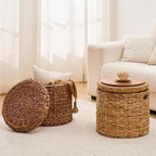 17" Round Storage Ottoman with Lid Handwoven Water Hyacinth Accent Side Table, Storage Container, Footstool for Living Room, Bedroom, Cloakroom, Home Office