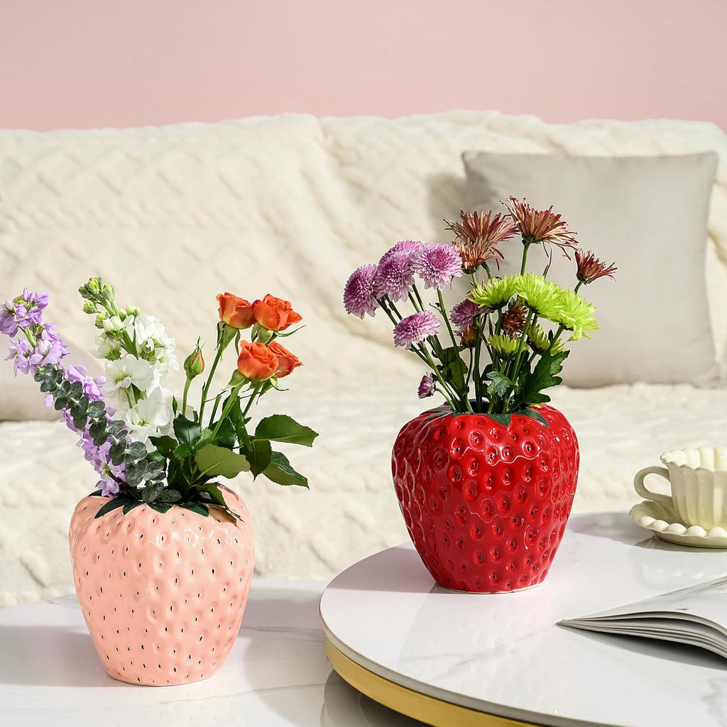 AOMOONOA Red Strawberry Vase for Flowers, Decorative Ceramic Fruit Vase, Strawberry Shaped Planter Pot with Green Leaves and Black Seeds for Table Centerpiece, Home Spring Kitchen Decor