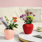 AOMOONOA Red Strawberry Vase for Flowers, Decorative Ceramic Fruit Vase, Strawberry Shaped Planter Pot with Green Leaves and Black Seeds for Table Centerpiece, Home Spring Kitchen Decor