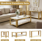 19" Square White Faux Marble End Table with Gold Mirror-Finish Stainless Steel Frame, Luxury Modern 2-Tier Side Table for Living or Bedroom