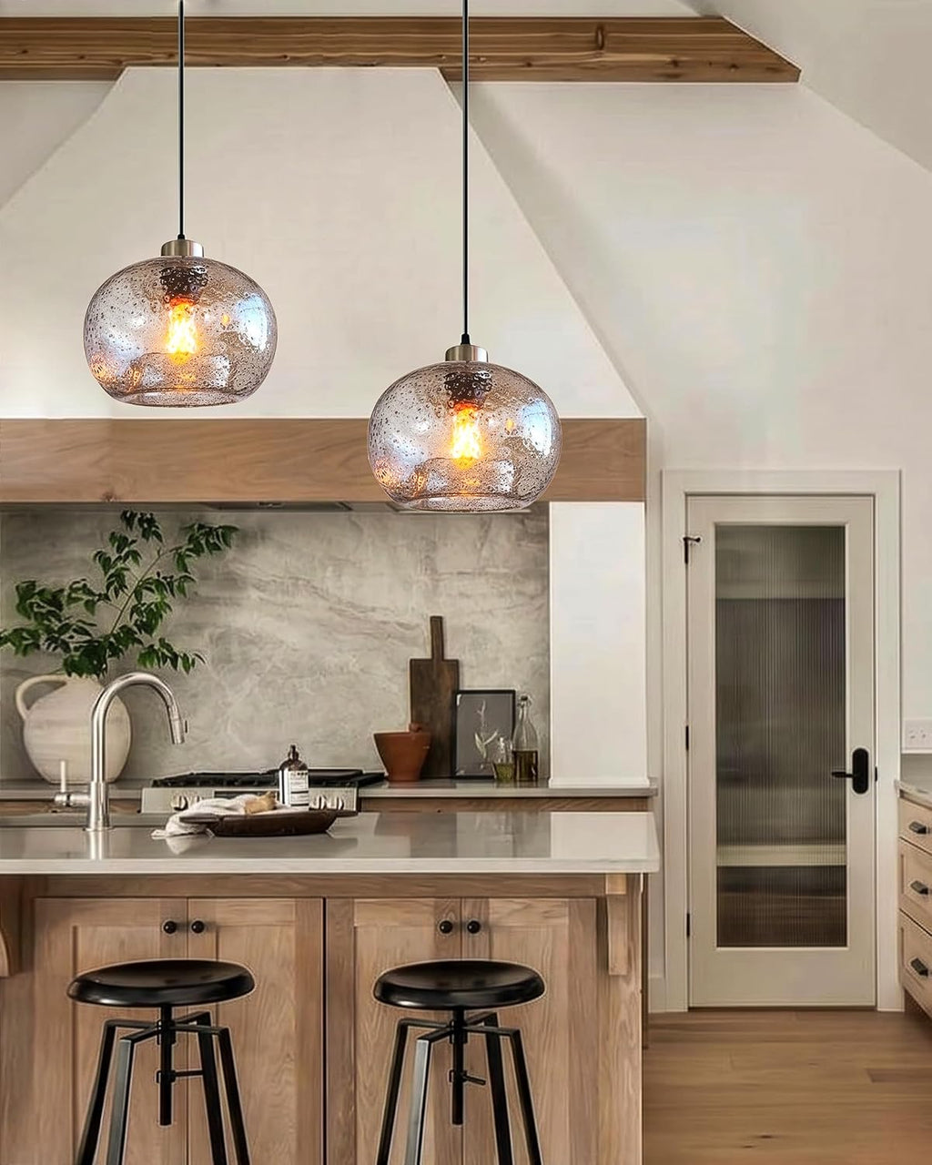 CASAMOTION Hand Blown Clear Glass Pendant Lights with Black Marble, Modern Rustic Kitchen Island Ceiling Hanging Light Fixtures for Dining Room Table Bedroom, Oval Globe 8.7 Inch Diameter, 2 Pack