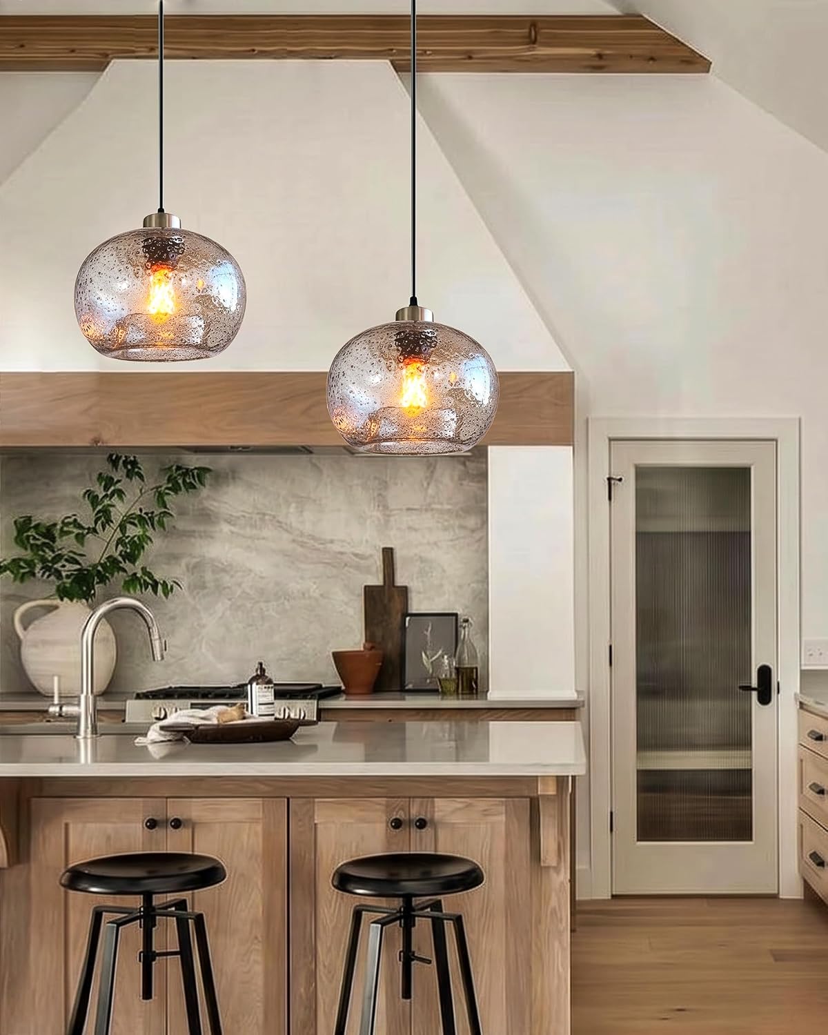 CASAMOTION Hand Blown Clear Glass Pendant Lights with Black Marble, Modern Rustic Kitchen Island Ceiling Hanging Light Fixtures for Dining Room Table Bedroom, Oval Globe 8.7 Inch Diameter, 2 Pack