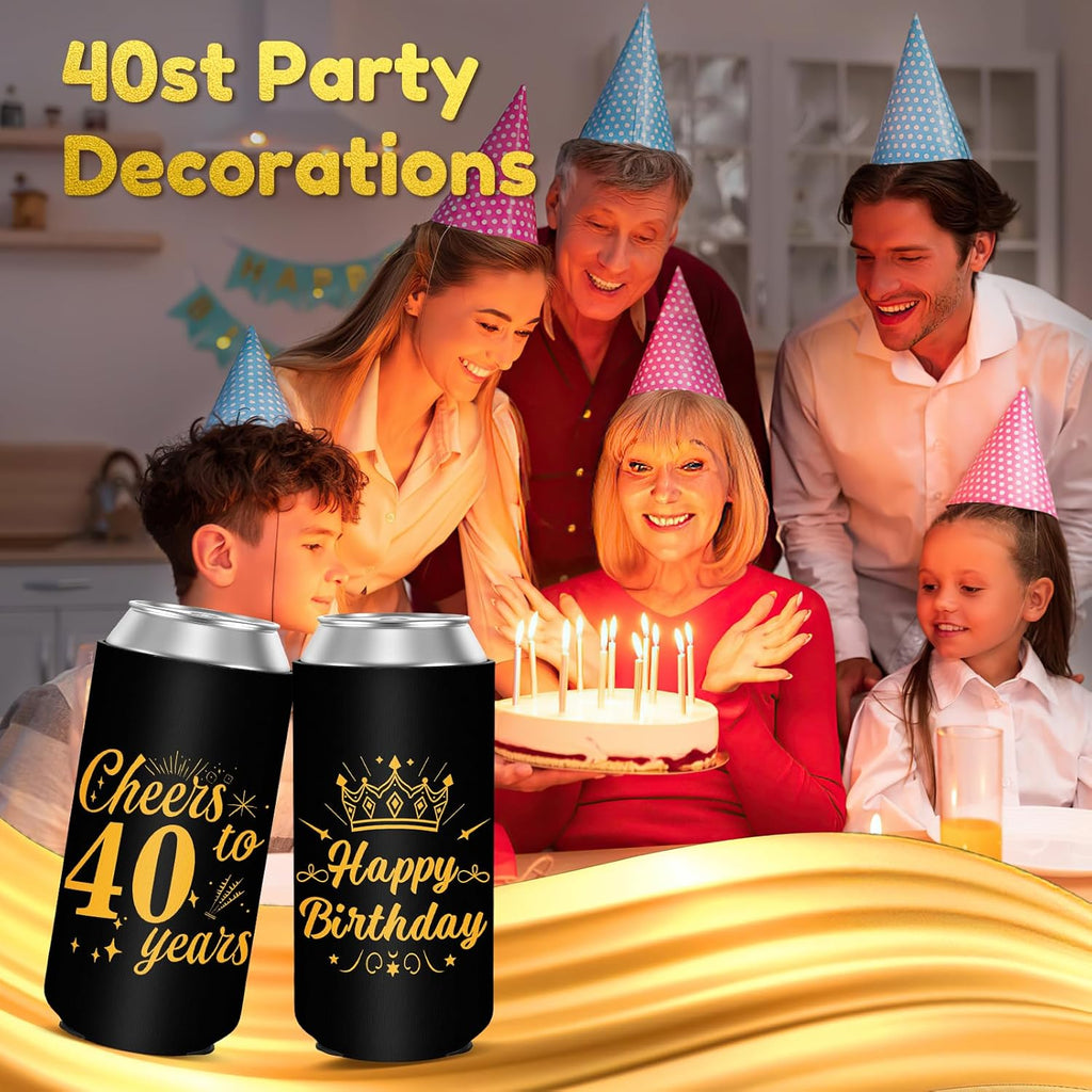40th Birthday Party Decorations Slim Can Cooler Sleeves, Neoprene Can Sleeves for 12 oz Cans & Bottles, 12 Pack Black and Gold 40th Birthday Gift for Men & Women, 4 Design