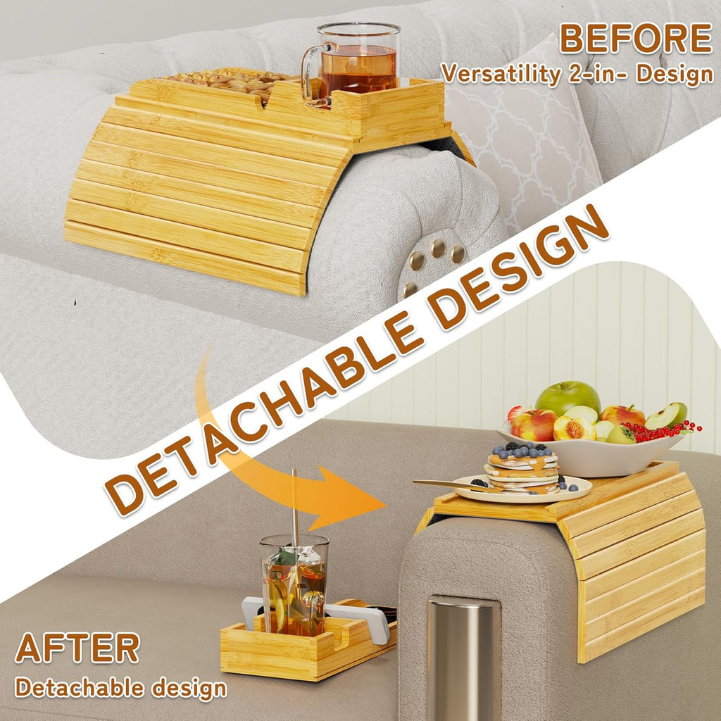 Bamboo Sofa Arm Tray 2-in-1 Couch Armrest Table with Detachable Cup Holder, Foldable Anti-Slip Sofa Tray for Drinks, Phone, Remote & Snacks, Fits 4.5" 14" Armrests
