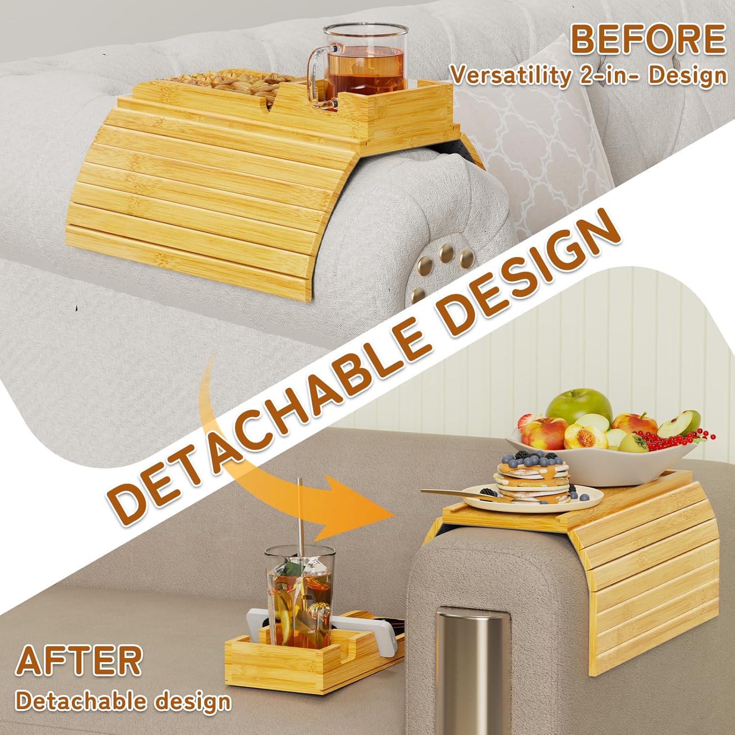 Bamboo Sofa Arm Tray 2-in-1 Couch Armrest Table with Detachable Cup Holder, Foldable Anti-Slip Sofa Tray for Drinks, Phone, Remote & Snacks, Fits 4.5" 14" Armrests