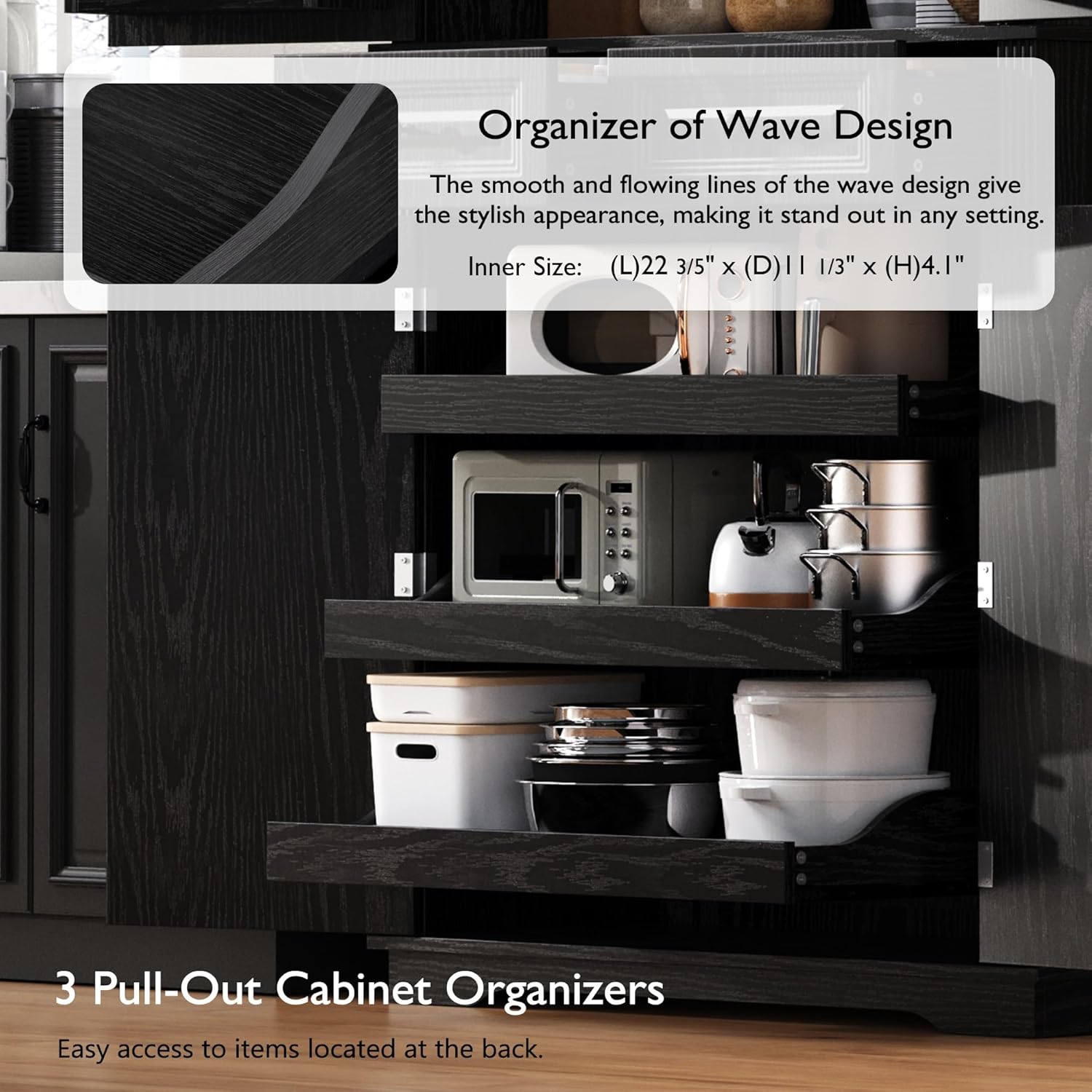 Tall Kitchen Pantry with 3 Pull Out Storage Organizers,Farmhouse Embossed Texture Storage Pantry with 6 Door Shelves,Freestanding Cupboard for Kitchen,Dining Room (Black-PC)