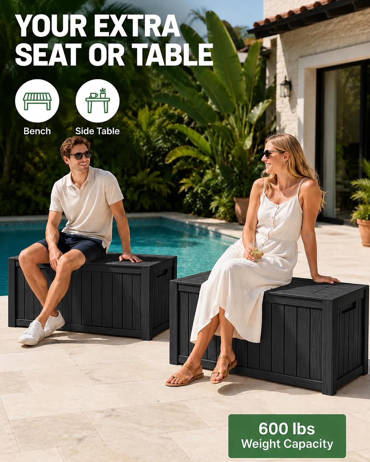 155 Gallon Waterproof Outdoor Storage Box, Large Lockable Deck Box, Indoor Outdoor Resin Storage Bench with Hydraulic Rod for Patio Furniture/Cushions/Garden Tools/Backyard/Pool Accessories, Black