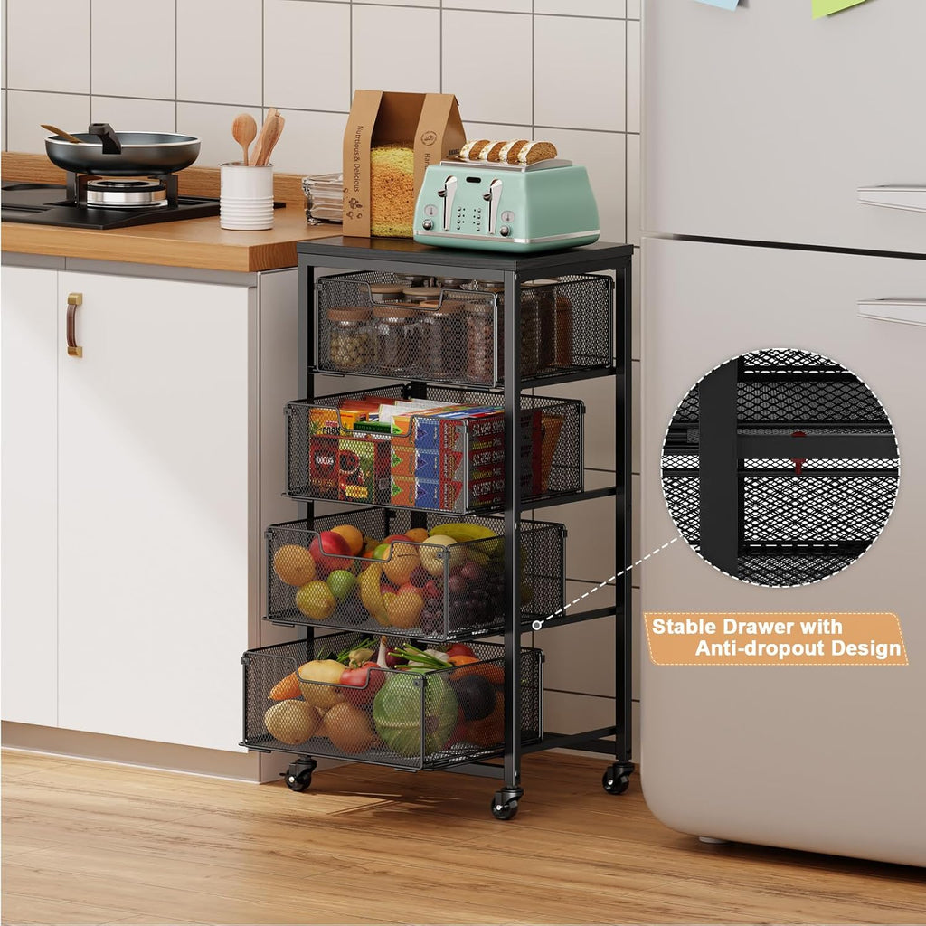 4-Tier Fruit Vegetable Storage Cart - Kitchen Organizer and Storage Cart with Wheels, Wooden Top Metal Wire Fruit Vegetable Rack Stand with Drawers to Storage Cans Snacks for Kitchen(Patent Pending)
