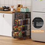 4-Tier Fruit Vegetable Storage Cart - Kitchen Organizer and Storage Cart with Wheels, Wooden Top Metal Wire Fruit Vegetable Rack Stand with Drawers to Storage Cans Snacks for Kitchen(Patent Pending)