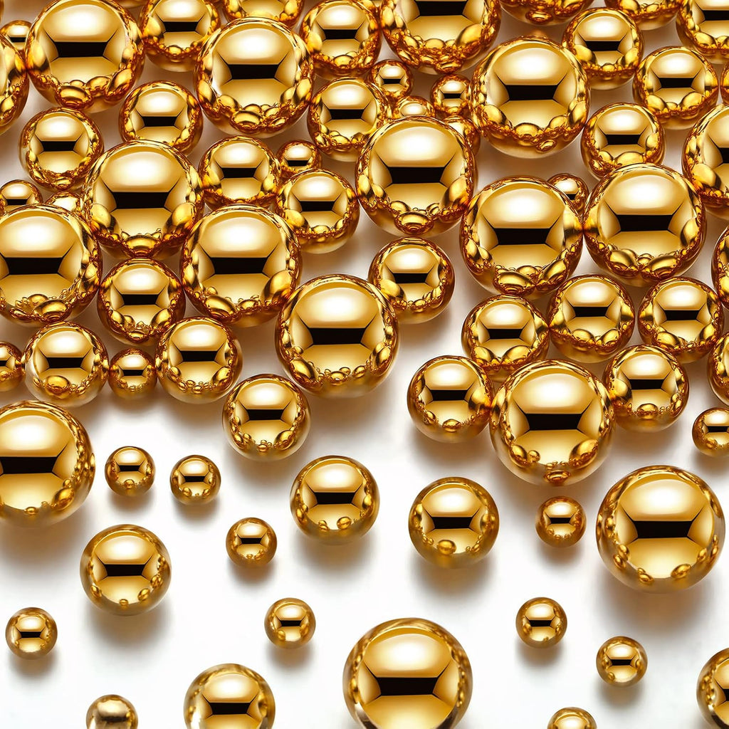 Junkin 300 Pcs Vase Filler Faux Pearls Vase Makeup Beads Bulk No Hole Gloss Pearl Beads Mixed Sizes Round Pearls for Wedding Home Table Birthday Decoration, 8/14/20 Mm(Gold)