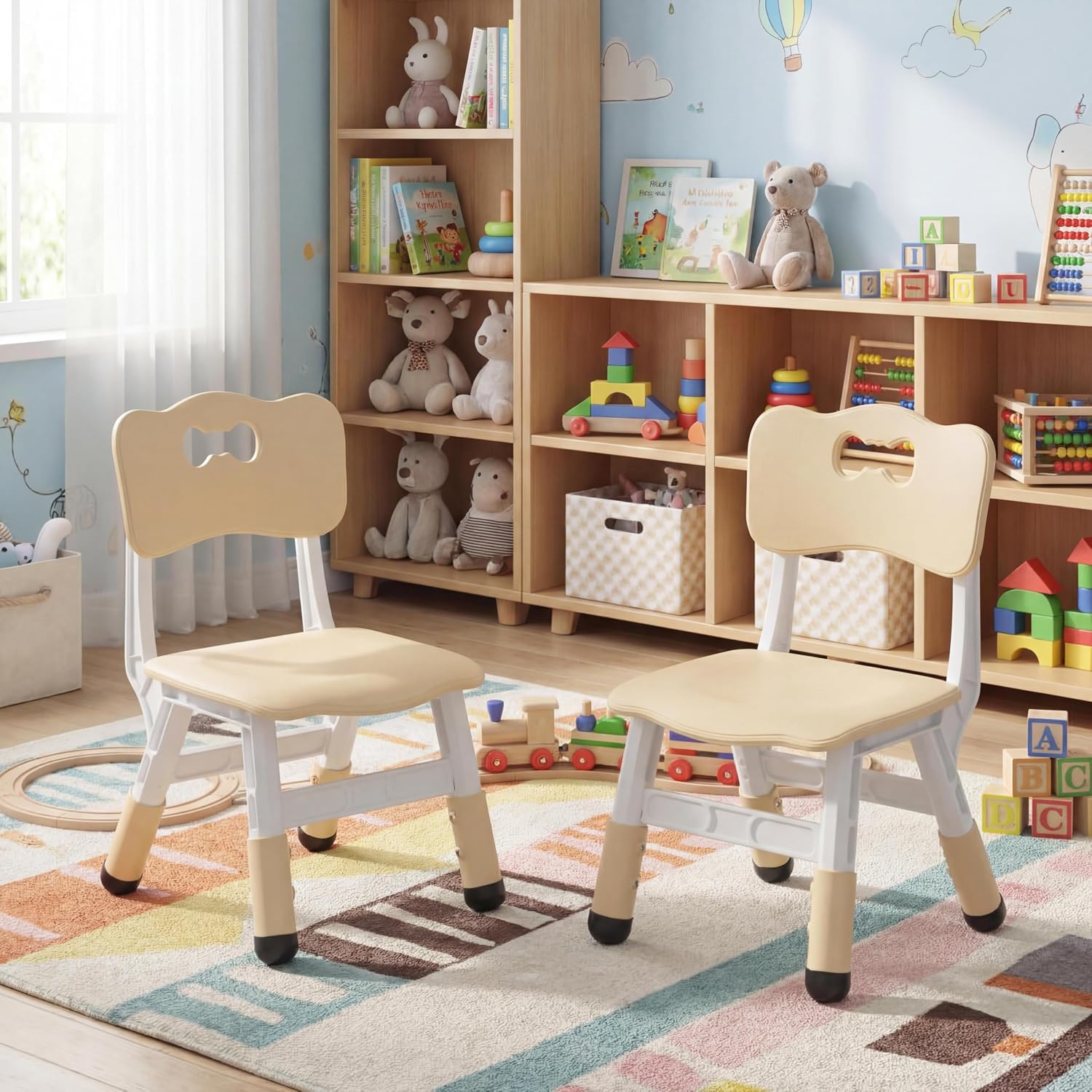 GAOMON Kids Chair Set of 2, 3 Level Height Adjustable Kid Chair, Plastic Toddler Chairs for Children Boys Girls Age 2-6, Suitable for Home Family Classroom Nursery Indoor Use, Beige