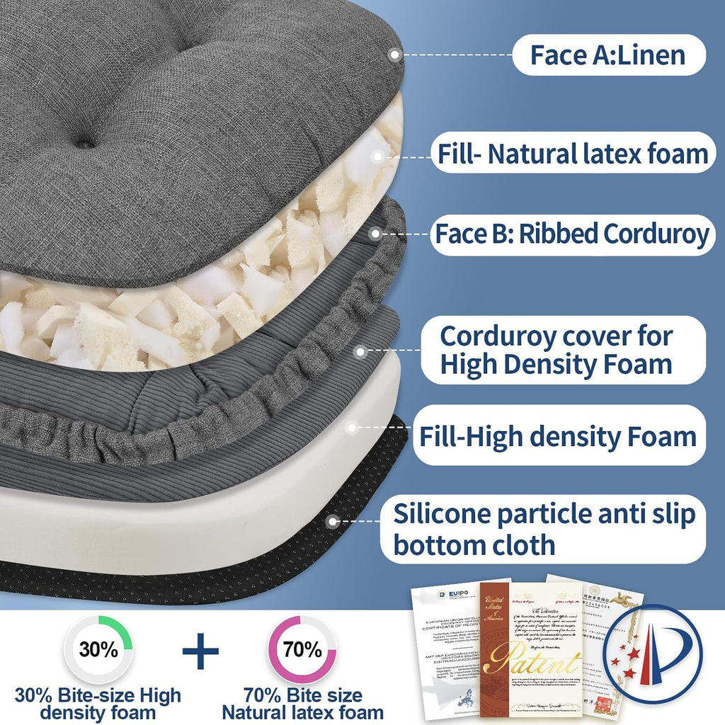 BUYUE Double-Layer Thickened Chair Cushion for Dining Chair, Natural Latex Foam Support, 2-Faced Reversible Kitchen Seat Cushion, Practical Non-Slip Chair Pad, 1 PC, Dark Grey