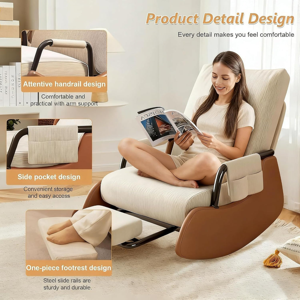 Rocking Chair Nursery, Comfortable Upholstered Recliner Rocker with Foot Rest, Side Pocket and Adjustable High Backrest, Soft Corduroy Modren Rocking Chair Living Room Bedroom, Beige
