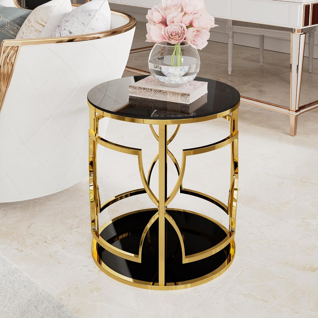 Merax 19.7" Round Gold Metal Side Table with Tempered Glass Top & 2-Tier Storage Shelf, Modern Coffee Table Glam End Table for Living Room, Bedroom, Sofa Side, Small Space, Black