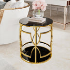 Merax 19.7" Round Gold Metal Side Table with Tempered Glass Top & 2-Tier Storage Shelf, Modern Coffee Table Glam End Table for Living Room, Bedroom, Sofa Side, Small Space, Black