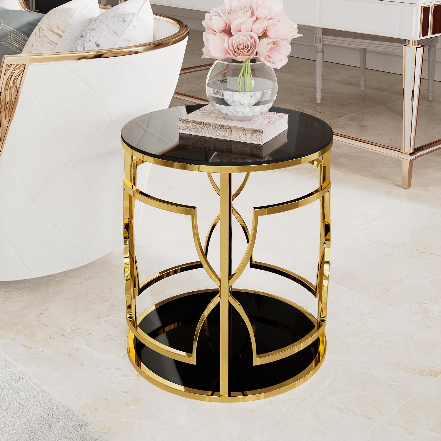 Merax 19.7" Round Gold Metal Side Table with Tempered Glass Top & 2-Tier Storage Shelf, Modern Coffee Table Glam End Table for Living Room, Bedroom, Sofa Side, Small Space, Black