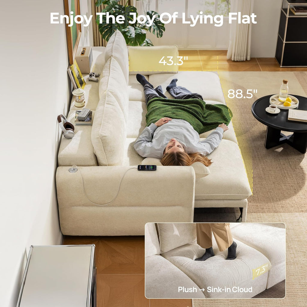 103" Electric Pull Out Sleeper Sofa Bed, 2in1 Convertible Power Extendable Couch Bed with Fast Charging USB&3 Smart Motor&Wide Back, Oversized Couches for Living Room&Small Space, Velvet Beige