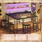 HUAHUU Bar Table and Chairs Set for 2-4, 63'' Convertible L-Shaped Kitchen Table with Power Outlets, 3 Piece Counter Height Small Dining Table with 2 Stools, Space Saving, Breakfast Nook Corner, Black
