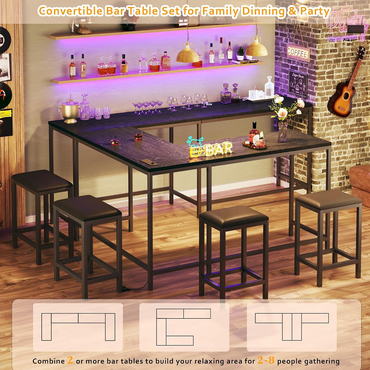 HUAHUU Bar Table and Chairs Set for 2-4, 63'' Convertible L-Shaped Kitchen Table with Power Outlets, 3 Piece Counter Height Small Dining Table with 2 Stools, Space Saving, Breakfast Nook Corner, Black