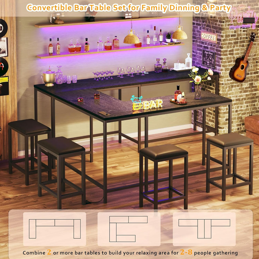 HUAHUU Bar Table and Chairs Set for 2-4, 63'' Convertible L-Shaped Kitchen Table with Power Outlets, 3 Piece Counter Height Small Dining Table with 2 Stools, Space Saving, Breakfast Nook Corner, Black