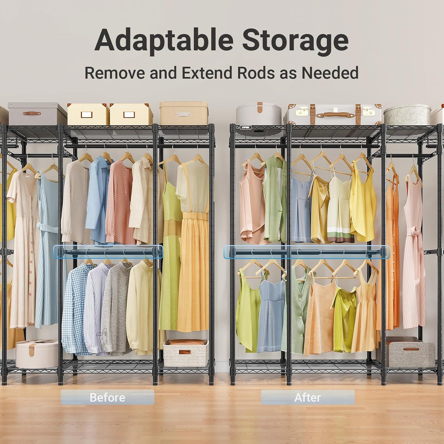 VIPEK V50 Basic Expandable Clothes Rack, Heavy Duty Closet System, Black | Freestanding, 5 hanging rods (2 extendable), 6 wire shelves, for Bedroom or Walk-in/Reach-in closet storage, 1200 lb Capacity