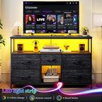 Romorgniz Black TV Stand for 45/50" TVs, 5 Deep Drawers&Led Lights&Outlets | Small Dresser For Bedroom&Studio,Strong Metal Frame For Stability,Spacious Shelves Display Collections&Keep Things Organized
