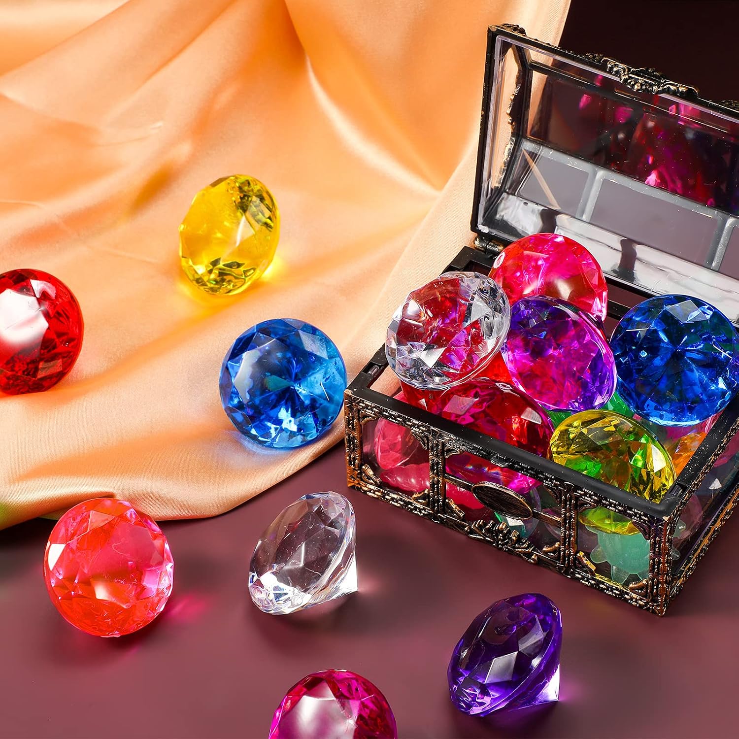 Zomiboo 16 Pcs Acrylic Diamond Large Gems Pirate Round Treasure Acrylic Gemstones Toy Gems Diamond Shaped Gemstones for Home Vase Fillers Party Decor (Multicolor,1.57 x 1.06 Inches)