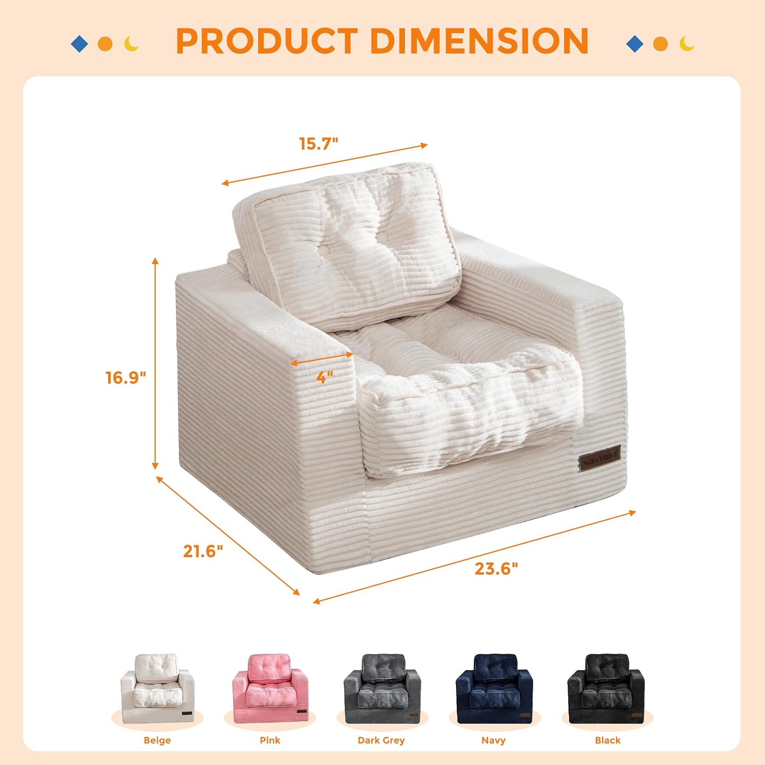 MAXYOYO Kids Bean Bag Chair, Upholstered Bean Bag Sofa Cloud Seat | Boneless Couch with Tufted Cushion & Pillows, Kids Sofa in A Box, No Assembly Required, Beige, Single