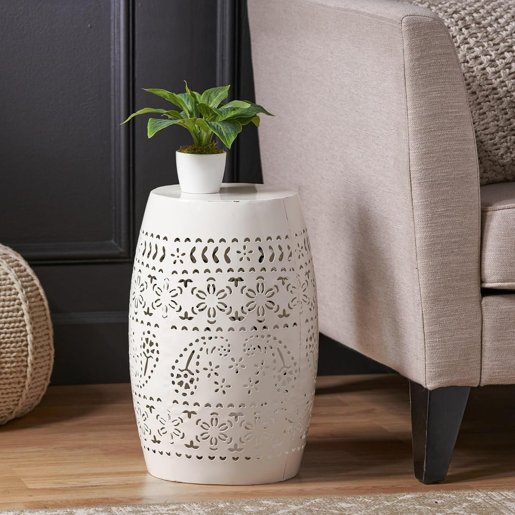 Iron Side Table,Cylindrical Design Suitable for the Living Room Indoor and Outdoor Coffee Table(White,1pc)