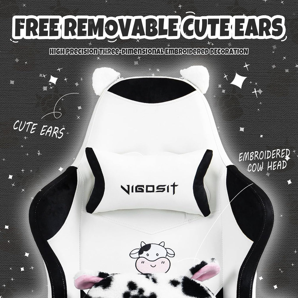 Vigosit Black and White Cow Gaming Chair with Footrest, Ergonomic Cute Gamer Chair for Girls, Comfortable Computer Desk Chair for Adults Teens