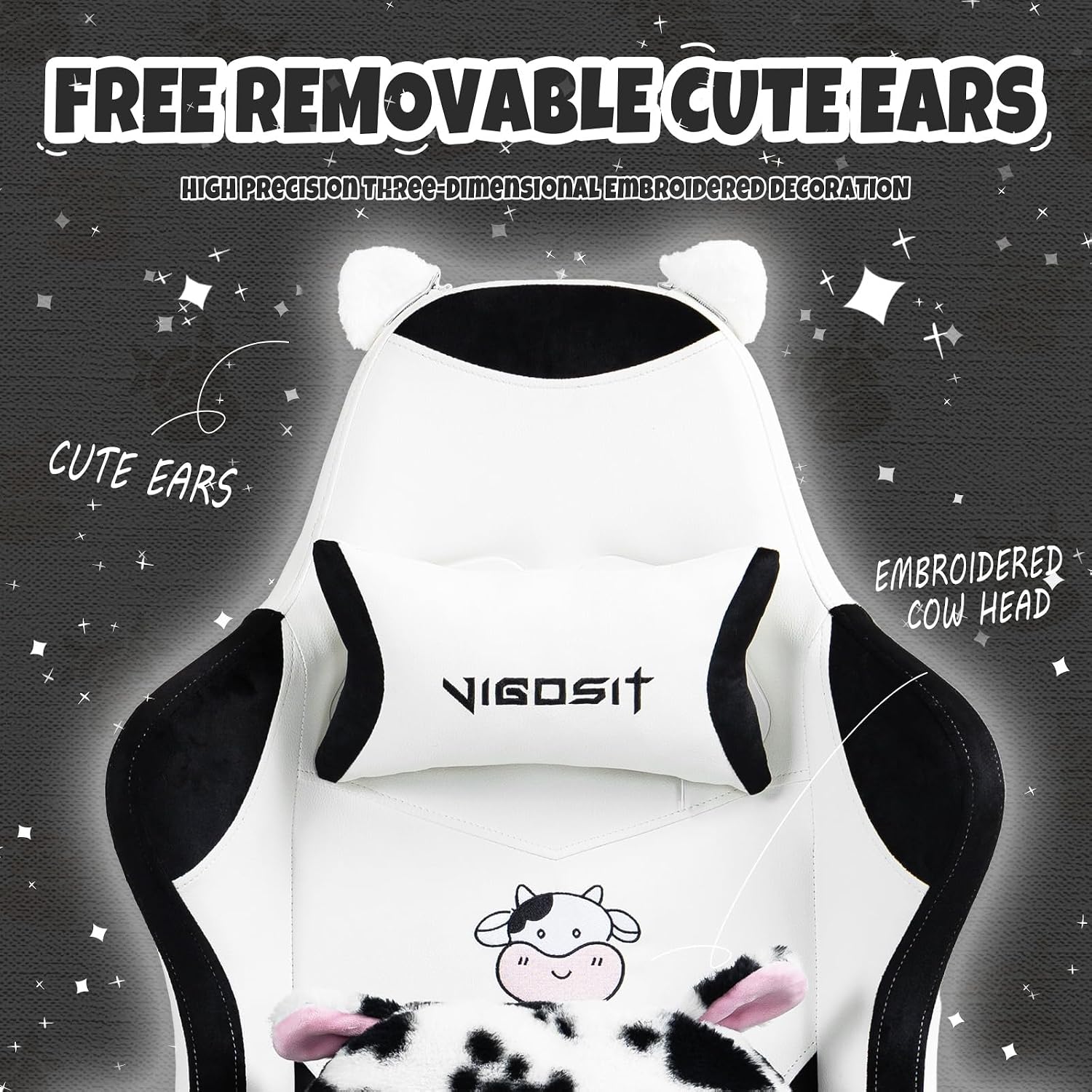 Vigosit Black and White Cow Gaming Chair with Footrest, Ergonomic Cute Gamer Chair for Girls, Comfortable Computer Desk Chair for Adults Teens