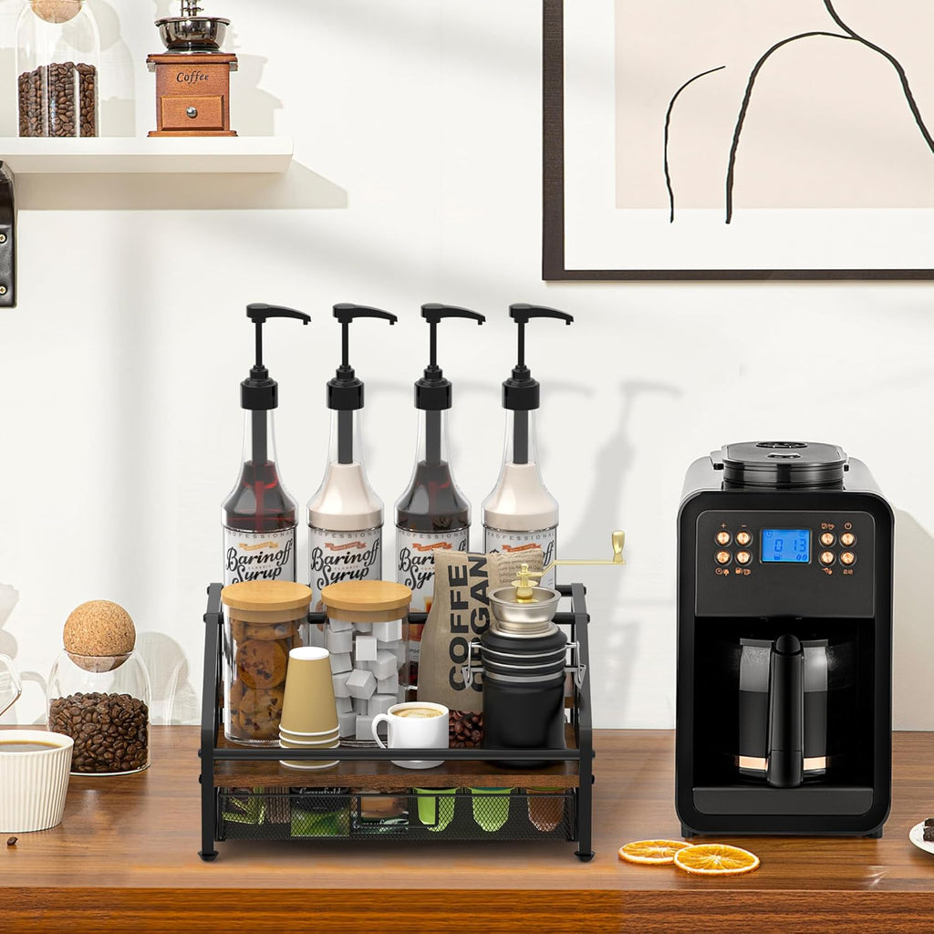 Alyoen Coffee Syrup Organizer Rack, 3-Tier Coffee Station Organizer for Countertop, Coffee Bar Organizer with 35K Cup Storage Basket, Coffee Syrup Holder Stand for Coffee Bar Accessory, Syrup - Wine