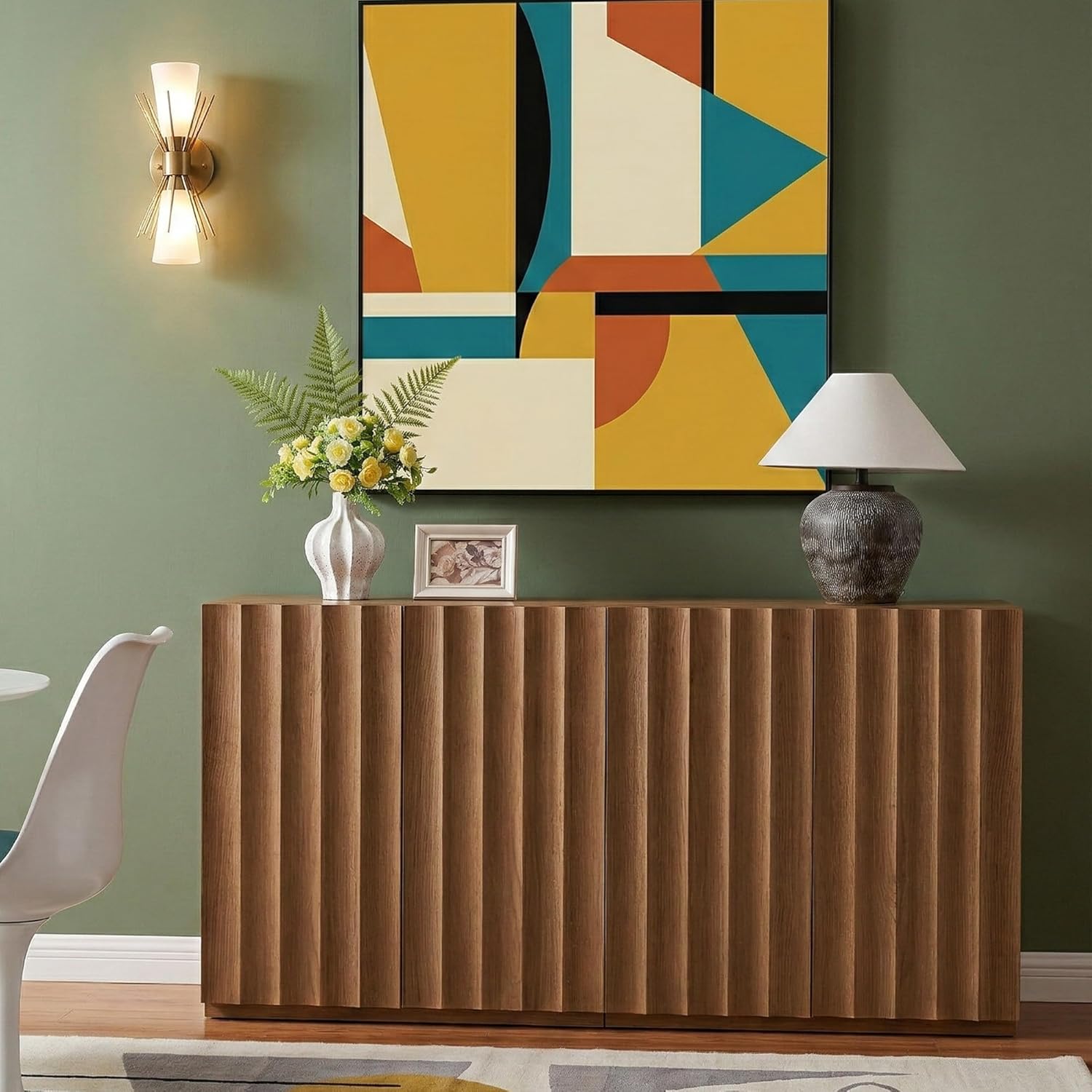VividVibe Wide Fluted Sideboard Buffet Cabinet with Storage, 94.11" Long Credenza with 6 Integrated Finger Pulls Doors, Modular Large Buffet Table Modern Organic for Entryway Living Room Amber Oak