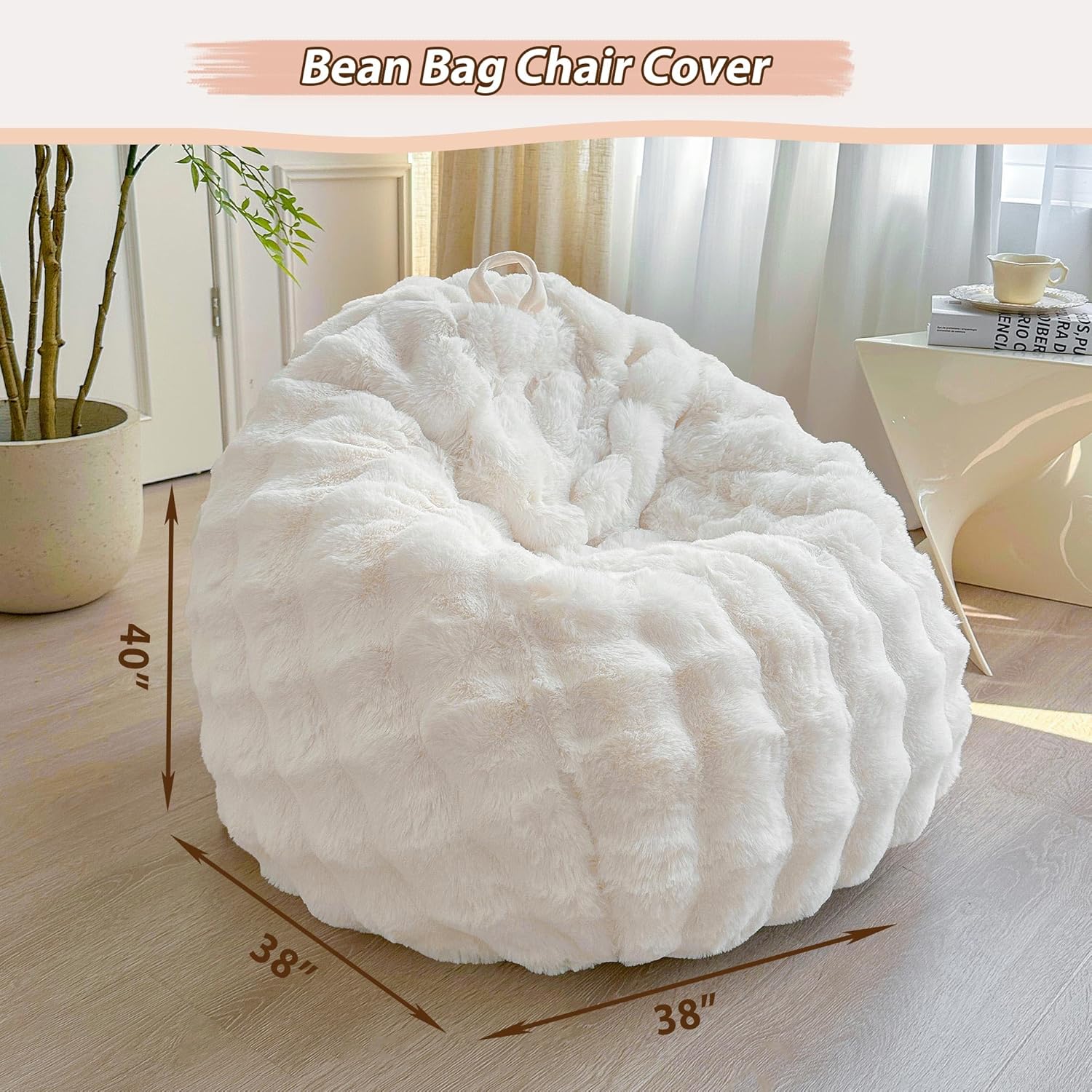 LIFEREVO Fluffy Faux Rabbit Fur Bean Bag Cover (No Filler), Big Luxury Fuzzy Stuffed Animal Storage Bubble Large Bean Bag Chair Home Decor, Comfy Shaggy Furry Beanbag Cover Kids Girls Adults, Beige