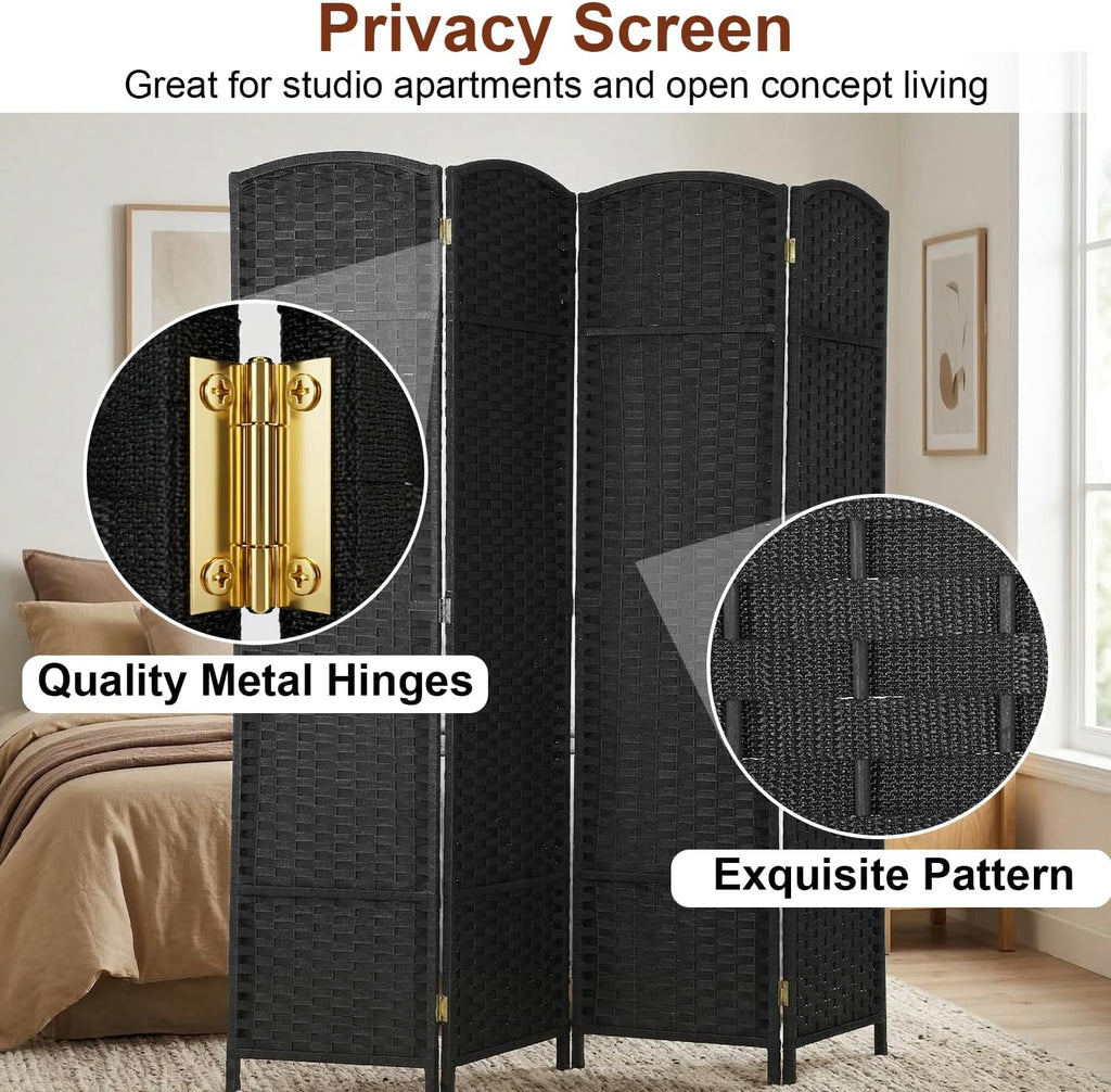 FDW Room Divider 4 Panel Screen 5.6 Ft Tall Partition Privacy Screens Folding Room Separation Free Standing Waterproof Wood Frame Wall Divider, Coal Black