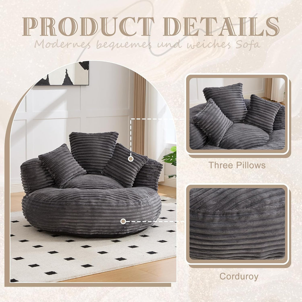 Oversized Round Chair with Pillows, Chaise Lounge Chair, Modern Cloud Lounge Floor Sofa, Ultra Soft Fluffy Deep Seat for Reading & Relaxing, Perfect for Living Room, Bedroom & Apartment Dark Gray
