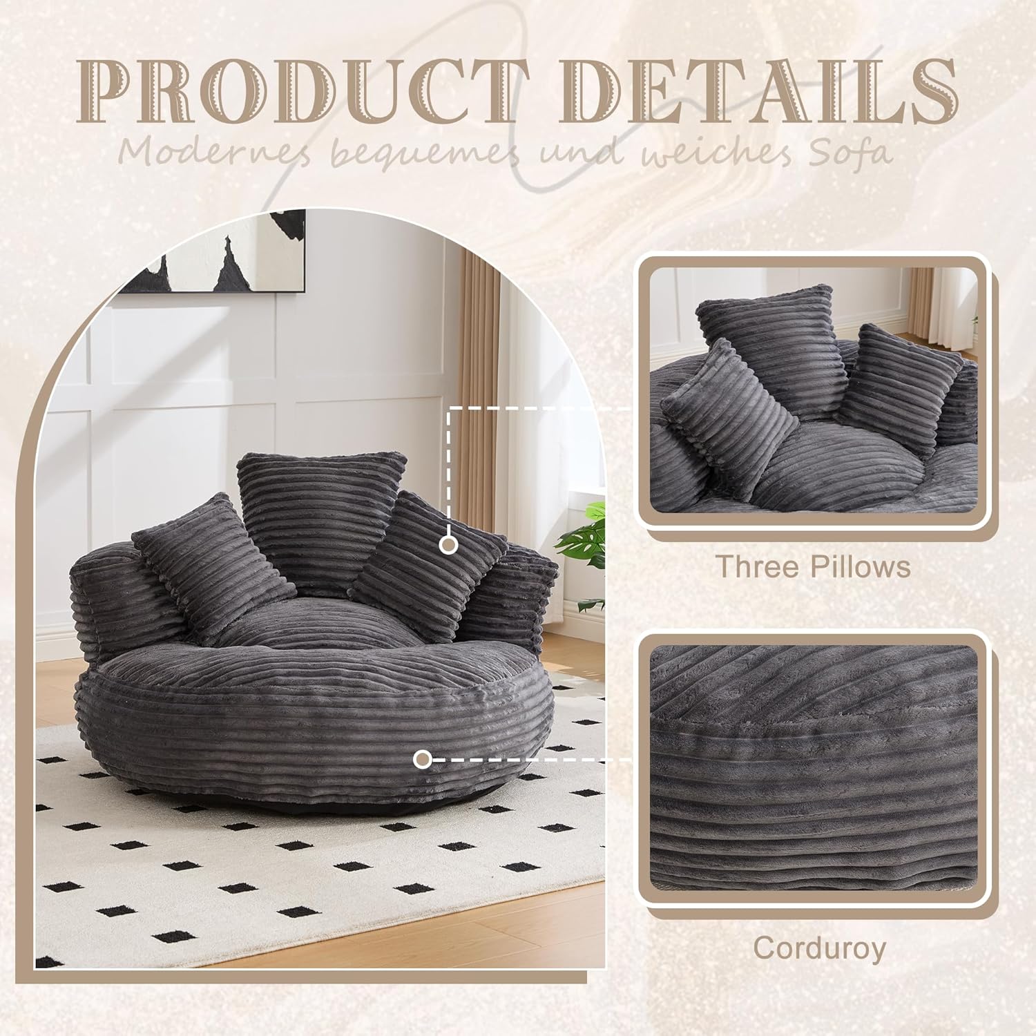 Oversized Round Chair with Pillows, Chaise Lounge Chair, Modern Cloud Lounge Floor Sofa, Ultra Soft Fluffy Deep Seat for Reading & Relaxing, Perfect for Living Room, Bedroom & Apartment Dark Gray