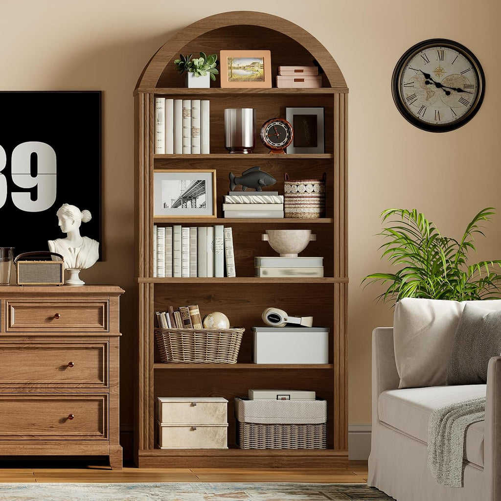 RALGEND Arched Bookshelf, 75.8" Tall Arch Bookcase with Storage, 6-Tier Farmhouse Book Shelf, Arched Cabinet, Wooden Bookshelf with Open Display Shelves, Adjustable Shelf, Office, Walnut