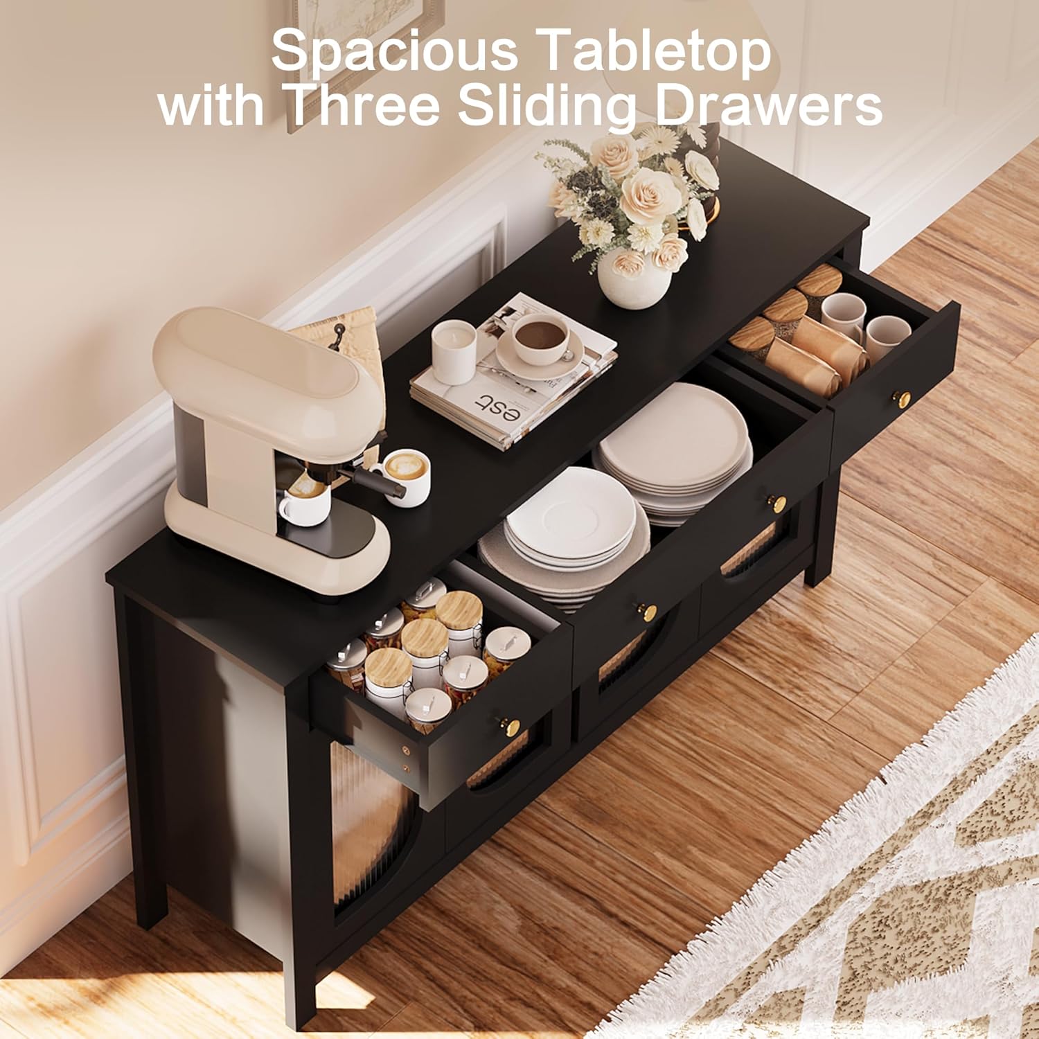 Sideboard Buffet Cabinet with Storage, 56" Buffet Table Coffee Bar Cabinet with Drawers and Glass Doors for Kitchen
