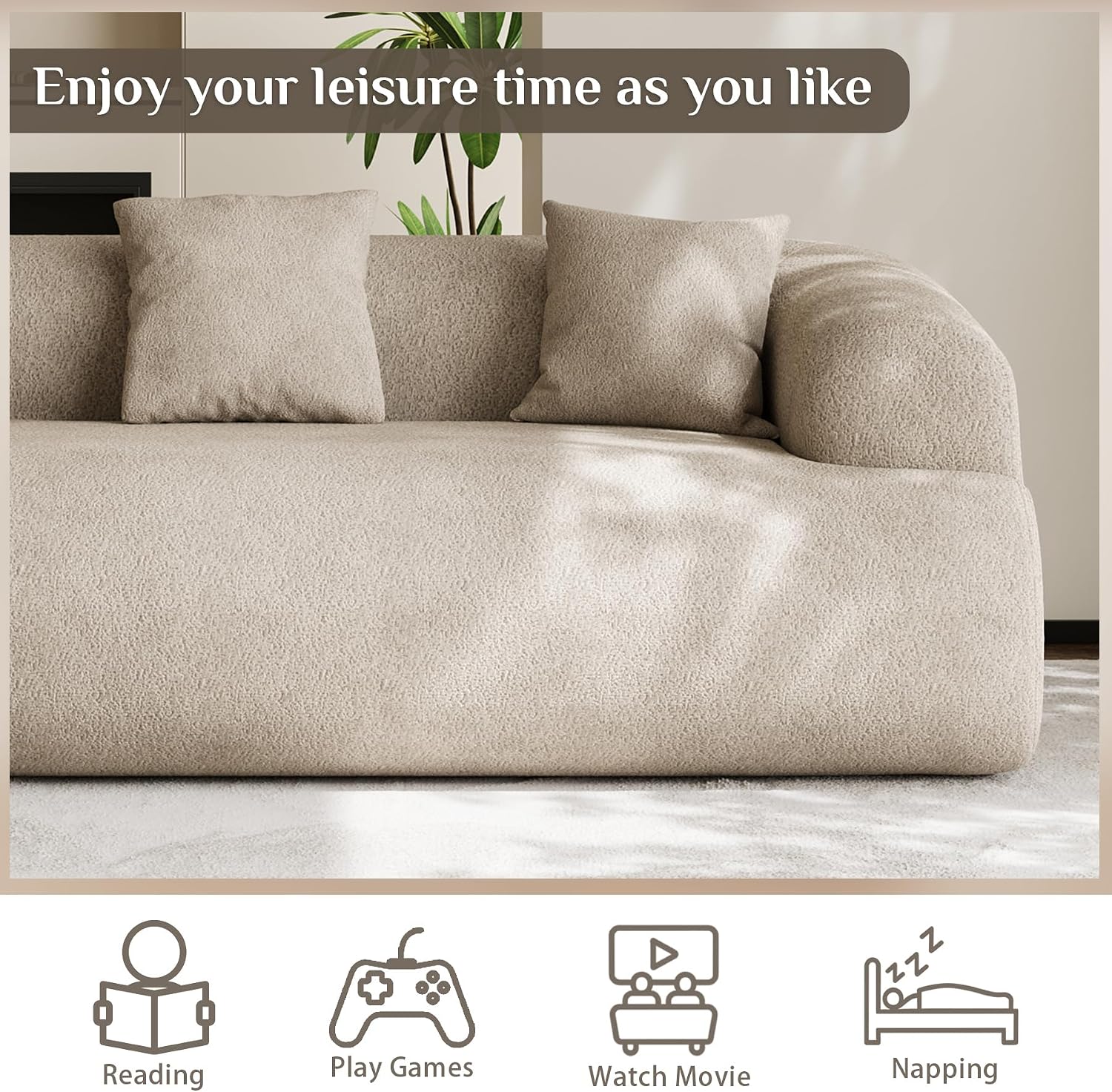 91" Boneless Couch,Cloud Couch,Chenille Curved Sofa with 3 Seater and 3 Pillows, Modern Compression Sofa for Living Room, Bedroom and Apartment, No Assembly Required, Light Brown
