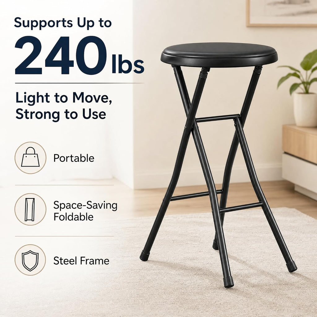 Folding Stool - Backless 24-Inch Stool with 240lb Capacity for Kitchen or Rec Room - Portable Indoor Counter Bar Stools (Black)