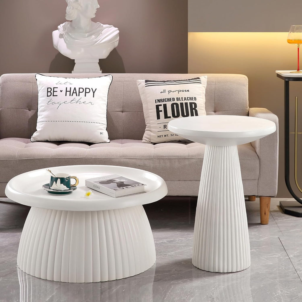 White Fluted Pedestal Side Table Modern Accent Table for Living Room Patio & Entryway Indoor Outdoor Weather Resistant End Table